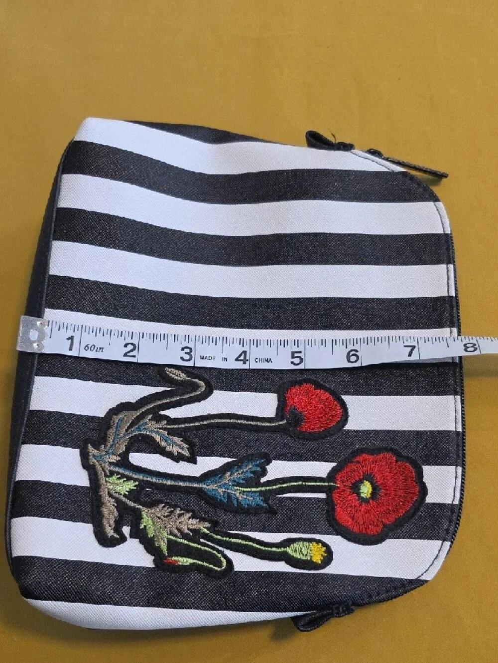 Nordstrom Striped Cosmetic Makeup Bag Featuring Red Poppy Flower Embroidery